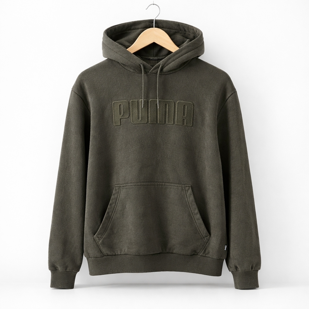 PUMA Olive Green Logo Hoodie | Men’s Large Pullover Sweatshirt